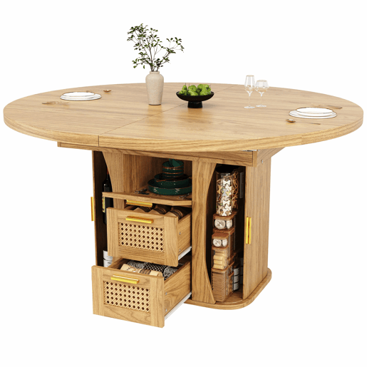Mesa de jantar extensível 118-158 cm - com arrumação e gavetas em rattan, MDF com efeito de madeira - madeira natural Mesa de jantar extensível 118-158 cm - com arrumação e gavetas em rattan, MDF com efeito de madeira - madeira natural