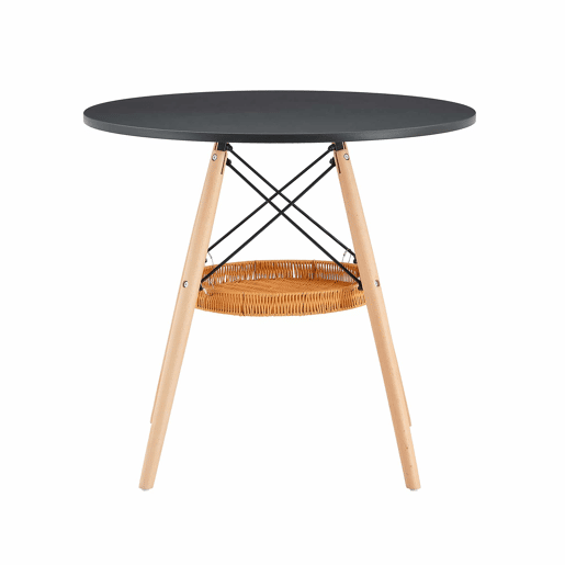 Mesa de jantar redonda Ø80 cm - tampo em MDF, pernas em madeira maciça e cesto de arrumação entrançado - preto e madeira Mesa de jantar redonda Ø80 cm - tampo em MDF, pernas em madeira maciça e cesto de arrumação entrançado - preto e madeira