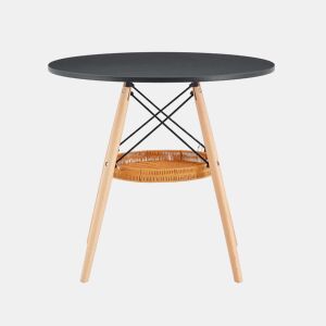 Mesa de jantar redonda Ø80 cm - tampo em MDF, pernas em madeira maciça e cesto de arrumação entrançado - preto e madeira