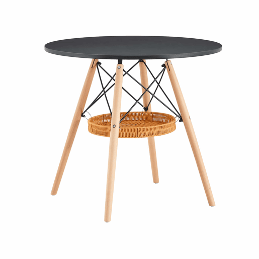 Mesa de jantar redonda Ø80 cm - tampo em MDF, pernas em madeira maciça e cesto de arrumação entrançado - preto e madeira Mesa de jantar redonda Ø80 cm - tampo em MDF, pernas em madeira maciça e cesto de arrumação entrançado - preto e madeira