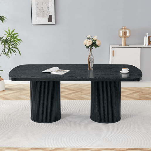 Mesa de jantar oval 180x90x76 cm u2014 design Wabi-Sabi com pé em coluna estriada, estilo Mid-Century e acabamento em MDF u2014 Preto Mesa de jantar oval 180x90x76 cm u2014 design Wabi-Sabi com pé em coluna estriada, estilo Mid-Century e acabamento em MDF u2014 Preto
