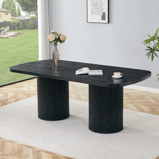 Mesa de jantar oval 180x90x76 cm u2014 design Wabi-Sabi com pé em coluna estriada, estilo Mid-Century e acabamento em MDF u2014 Preto Mesa de jantar oval 180x90x76 cm u2014 design Wabi-Sabi com pé em coluna estriada, estilo Mid-Century e acabamento em MDF u2014 Preto