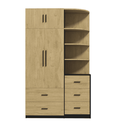 Roupeiro de 2 portas e 5 gavetas com barra + vitrina - quarto - NaturalPreto Roupeiro de 2 portas e 5 gavetas com barra + vitrina - quarto - NaturalPreto