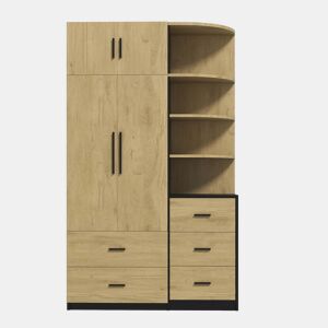 Roupeiro de 2 portas e 5 gavetas com barra + vitrina - quarto - NaturalPreto