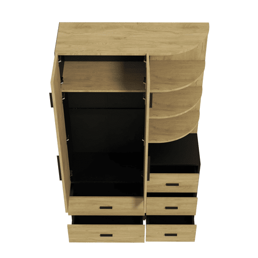 Roupeiro de 2 portas e 5 gavetas com barra + vitrina - quarto - NaturalPreto Roupeiro de 2 portas e 5 gavetas com barra + vitrina - quarto - NaturalPreto