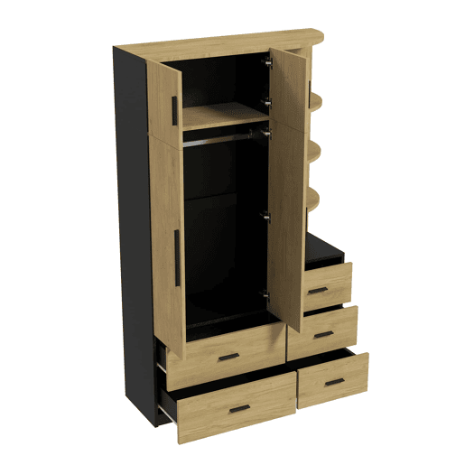 Roupeiro de 2 portas e 5 gavetas com barra + vitrina - quarto - NaturalPreto Roupeiro de 2 portas e 5 gavetas com barra + vitrina - quarto - NaturalPreto