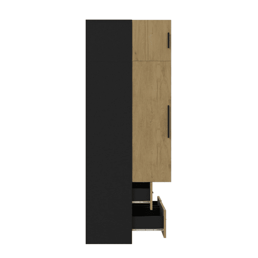 Roupeiro de 2 portas e 5 gavetas com barra + vitrina - quarto - NaturalPreto Roupeiro de 2 portas e 5 gavetas com barra + vitrina - quarto - NaturalPreto