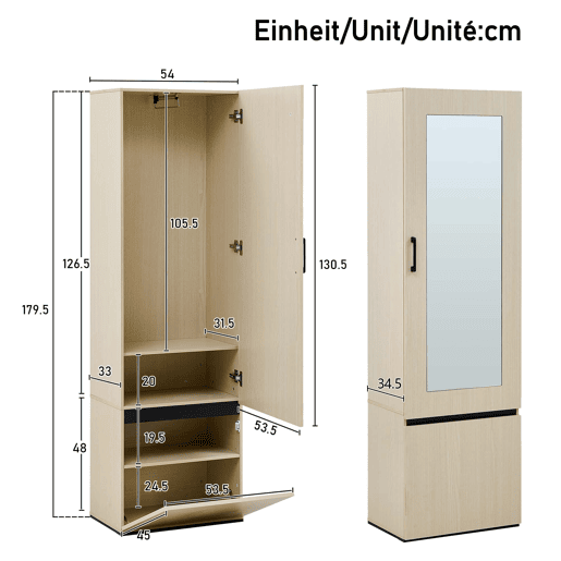 Schmaler - Roupeiro com espelho e barra extensível - roupeiro moderno e economizador de espaço para a entrada, quarto e apartamento - madeira