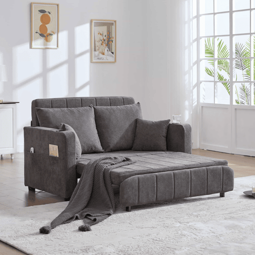 Sofá-cama multifuncional em tecido para 2 pessoas - sofá-cama dobrável, convertível em sofá ou cama, com bolsos de arrumação nos braços, porta-carregador USB e porta-copos - cinzento chenille