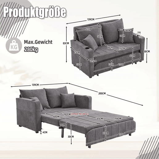 Sofá-cama multifuncional em tecido para 2 pessoas - sofá-cama dobrável, convertível em sofá ou cama, com bolsos de arrumação nos braços, porta-carregador USB e porta-copos - cinzento chenille