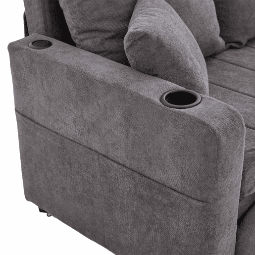 Sofá-cama multifuncional em tecido para 2 pessoas - sofá-cama dobrável, convertível em sofá ou cama, com bolsos de arrumação nos braços, porta-carregador USB e porta-copos - cinzento chenille