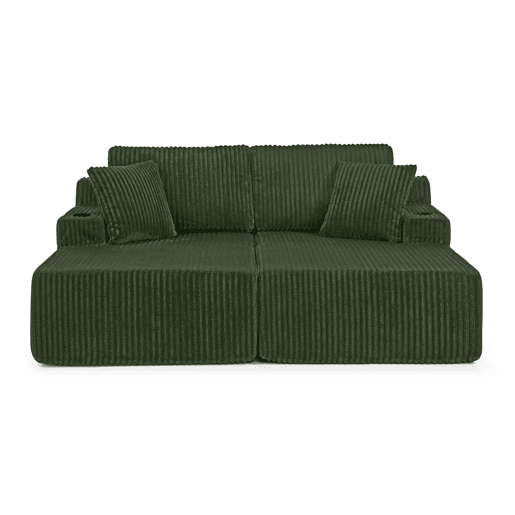 Sofá-cama relax de 2 lugares - tecido de cordão macio, bolso lateral para revistas, porta-copos e almofadas - Verde
