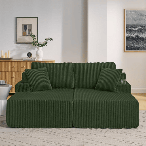 Sofá-cama relax de 2 lugares - tecido de cordão macio, bolso lateral para revistas, porta-copos e almofadas - Verde