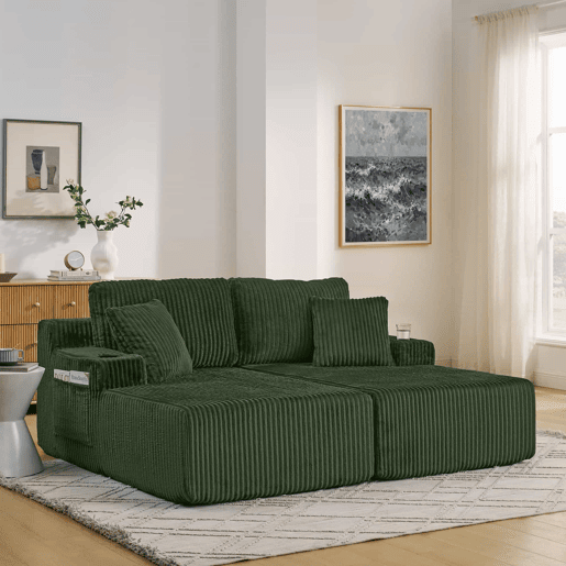 Sofá-cama relax de 2 lugares - tecido de cordão macio, bolso lateral para revistas, porta-copos e almofadas - Verde