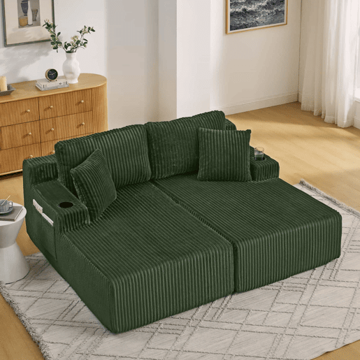 Sofá-cama relax de 2 lugares - tecido de cordão macio, bolso lateral para revistas, porta-copos e almofadas - Verde