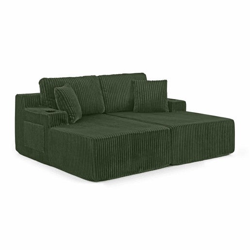 Sofá-cama relax de 2 lugares - tecido de cordão macio, bolso lateral para revistas, porta-copos e almofadas - Verde