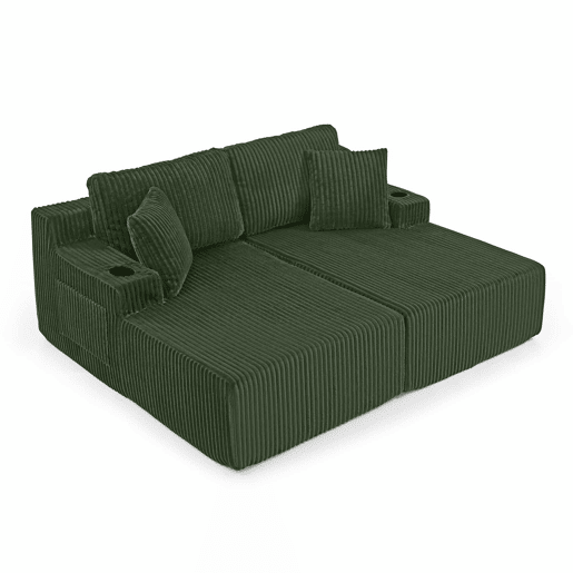 Sofá-cama relax de 2 lugares - tecido de cordão macio, bolso lateral para revistas, porta-copos e almofadas - Verde