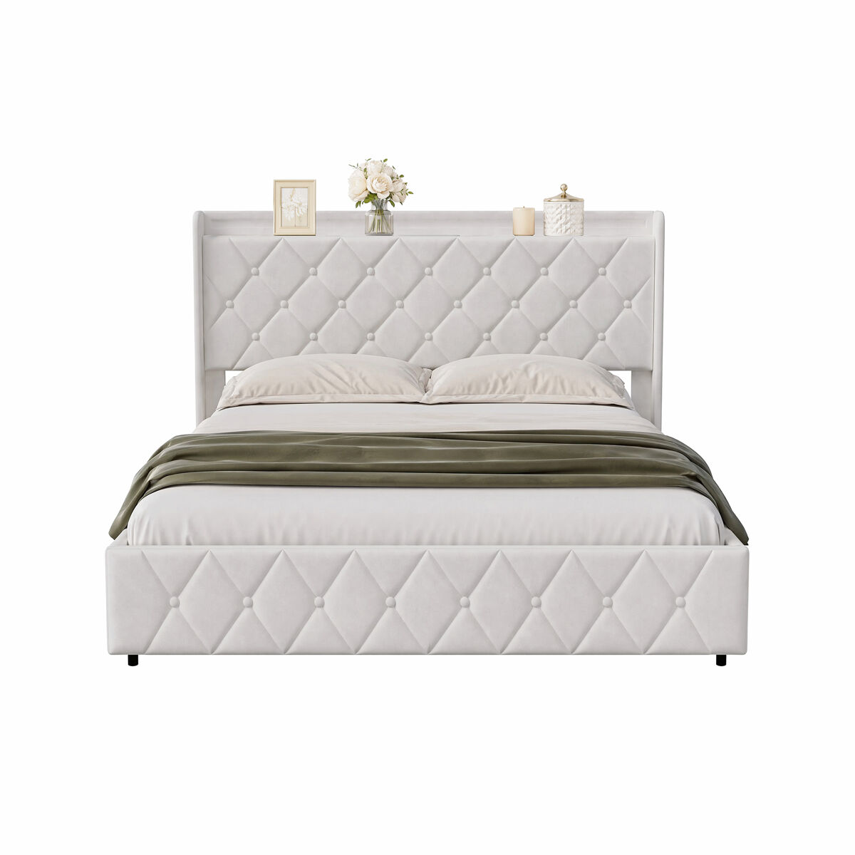 Cama tapizada de 140x200 cm con cajón de almacenamiento, funda de terciopelo blanco, cama con almacenamiento hidráulico con led, puerto de carga usb y