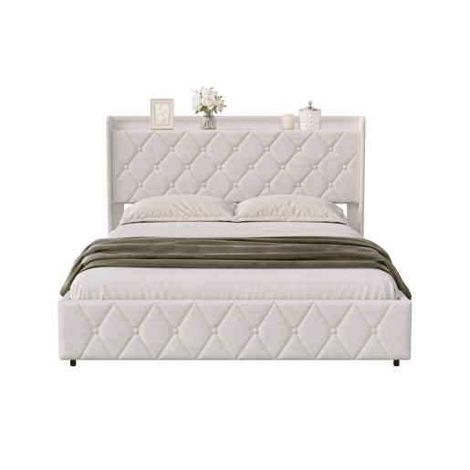 Cama estofada 140x200 cm com baú, revestimento em veludo branco, sistema de abertura hidráulica com iluminação LED, portas de carregamento USB e Tipo-C e estrado de ripas Cama estofada 140x200 cm com baú, revestimento em veludo branco, sistema de abertura hidráulica com iluminação LED, portas de carregamento USB e Tipo-C e estrado de ripas