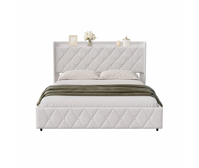 Cama tapizada de 140x200 cm con cajón de almacenamiento, funda de terciopelo blanco, cama con almacenamiento hidráulico con led, puerto de carga usb y