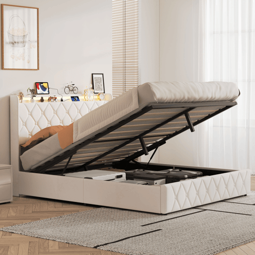 Cama estofada 140x200 cm com baú, revestimento em veludo branco, sistema de abertura hidráulica com iluminação LED, portas de carregamento USB e Tipo-C e estrado de ripas Cama estofada 140x200 cm com baú, revestimento em veludo branco, sistema de abertura hidráulica com iluminação LED, portas de carregamento USB e Tipo-C e estrado de ripas