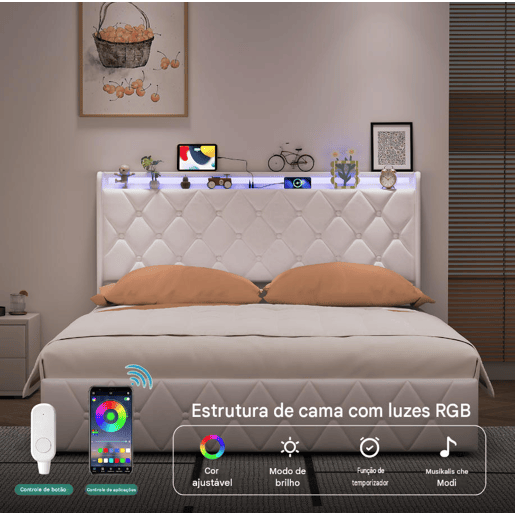 Cama estofada 140x200 cm com baú, revestimento em veludo branco, sistema de abertura hidráulica com iluminação LED, portas de carregamento USB e Tipo-C e estrado de ripas Cama estofada 140x200 cm com baú, revestimento em veludo branco, sistema de abertura hidráulica com iluminação LED, portas de carregamento USB e Tipo-C e estrado de ripas