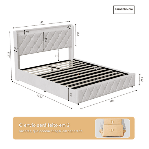 Cama estofada 140x200 cm com baú, revestimento em veludo branco, sistema de abertura hidráulica com iluminação LED, portas de carregamento USB e Tipo-C e estrado de ripas Cama estofada 140x200 cm com baú, revestimento em veludo branco, sistema de abertura hidráulica com iluminação LED, portas de carregamento USB e Tipo-C e estrado de ripas