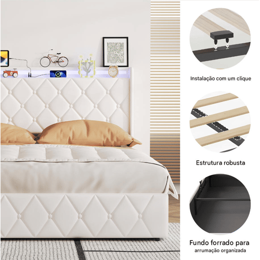 Cama estofada 140x200 cm com baú, revestimento em veludo branco, sistema de abertura hidráulica com iluminação LED, portas de carregamento USB e Tipo-C e estrado de ripas Cama estofada 140x200 cm com baú, revestimento em veludo branco, sistema de abertura hidráulica com iluminação LED, portas de carregamento USB e Tipo-C e estrado de ripas