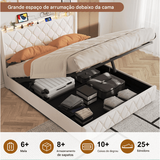 Cama estofada 140x200 cm com baú, revestimento em veludo branco, sistema de abertura hidráulica com iluminação LED, portas de carregamento USB e Tipo-C e estrado de ripas Cama estofada 140x200 cm com baú, revestimento em veludo branco, sistema de abertura hidráulica com iluminação LED, portas de carregamento USB e Tipo-C e estrado de ripas