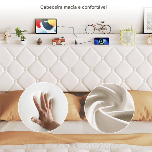 Cama estofada 140x200 cm com baú, revestimento em veludo branco, sistema de abertura hidráulica com iluminação LED, portas de carregamento USB e Tipo-C e estrado de ripas Cama estofada 140x200 cm com baú, revestimento em veludo branco, sistema de abertura hidráulica com iluminação LED, portas de carregamento USB e Tipo-C e estrado de ripas