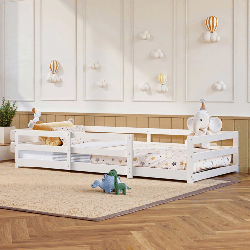 Cama Montessori de chão 90 x 200 cm - com barreira de segurança, sem base, madeira de pinho, montagem rápida - branca Cama Montessori de chão 90 x 200 cm - com barreira de segurança, sem base, madeira de pinho, montagem rápida - branca