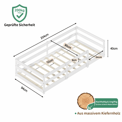 Cama Montessori de chão 90 x 200 cm - com barreira de segurança, sem base, madeira de pinho, montagem rápida - branca Cama Montessori de chão 90 x 200 cm - com barreira de segurança, sem base, madeira de pinho, montagem rápida - branca