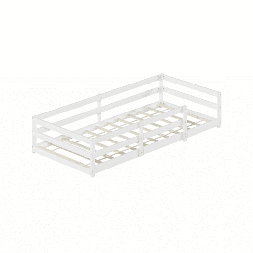 Cama Montessori de chão 90 x 200 cm - com barreira de segurança, sem base, madeira de pinho, montagem rápida - branca Cama Montessori de chão 90 x 200 cm - com barreira de segurança, sem base, madeira de pinho, montagem rápida - branca
