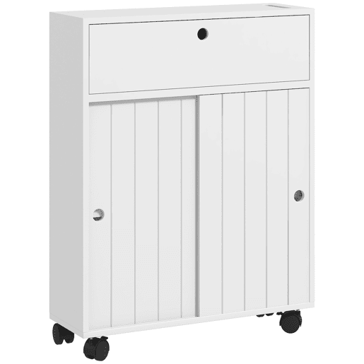 Móvel auxiliar para banheiro com 4 rodízios, 2 porta-papel higiênico, 2 armários e prateleiras ajustáveis, 52x17x67 cm, branco Móvel auxiliar para banheiro com 4 rodízios, 2 porta-papel higiênico, 2 armários e prateleiras ajustáveis, 52x17x67 cm, branco