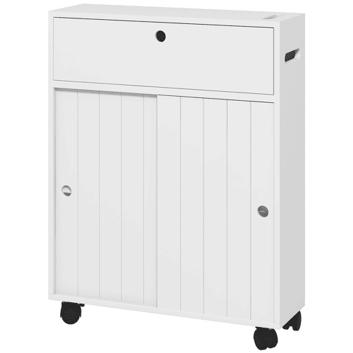 Móvel auxiliar para banheiro com 4 rodízios, 2 porta-papel higiênico, 2 armários e prateleiras ajustáveis, 52x17x67 cm, branco Móvel auxiliar para banheiro com 4 rodízios, 2 porta-papel higiênico, 2 armários e prateleiras ajustáveis, 52x17x67 cm, branco