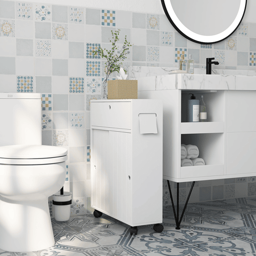 Móvel auxiliar para banheiro com 4 rodízios, 2 porta-papel higiênico, 2 armários e prateleiras ajustáveis, 52x17x67 cm, branco Móvel auxiliar para banheiro com 4 rodízios, 2 porta-papel higiênico, 2 armários e prateleiras ajustáveis, 52x17x67 cm, branco