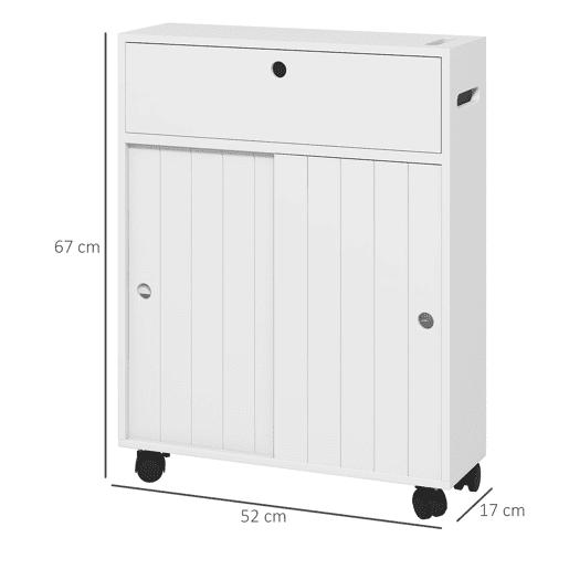 Móvel auxiliar para banheiro com 4 rodízios, 2 porta-papel higiênico, 2 armários e prateleiras ajustáveis, 52x17x67 cm, branco Móvel auxiliar para banheiro com 4 rodízios, 2 porta-papel higiênico, 2 armários e prateleiras ajustáveis, 52x17x67 cm, branco
