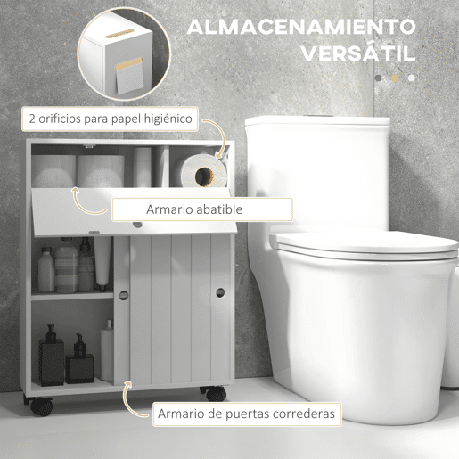 Móvel auxiliar para banheiro com 4 rodízios, 2 porta-papel higiênico, 2 armários e prateleiras ajustáveis, 52x17x67 cm, branco Móvel auxiliar para banheiro com 4 rodízios, 2 porta-papel higiênico, 2 armários e prateleiras ajustáveis, 52x17x67 cm, branco