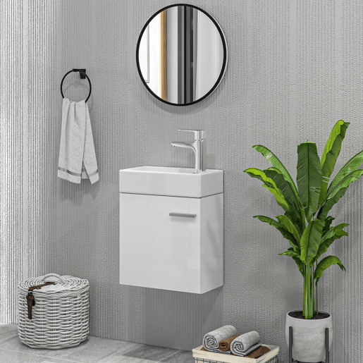 Móvel de banheiro com pia suspensa, porta com fechamento suave e armário, 40x23x50 cm, branco brilhante Móvel de banheiro com pia suspensa, porta com fechamento suave e armário, 40x23x50 cm, branco brilhante