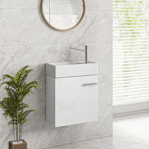 Móvel de banheiro com pia suspensa, porta com fechamento suave e armário, 40x23x50 cm, branco brilhante Móvel de banheiro com pia suspensa, porta com fechamento suave e armário, 40x23x50 cm, branco brilhante