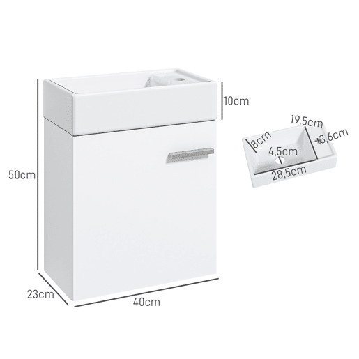 Móvel de banheiro com pia suspensa, porta com fechamento suave e armário, 40x23x50 cm, branco brilhante Móvel de banheiro com pia suspensa, porta com fechamento suave e armário, 40x23x50 cm, branco brilhante