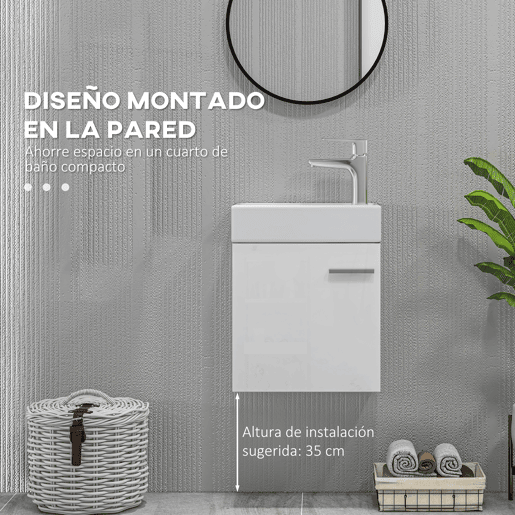 Móvel de banheiro com pia suspensa, porta com fechamento suave e armário, 40x23x50 cm, branco brilhante Móvel de banheiro com pia suspensa, porta com fechamento suave e armário, 40x23x50 cm, branco brilhante