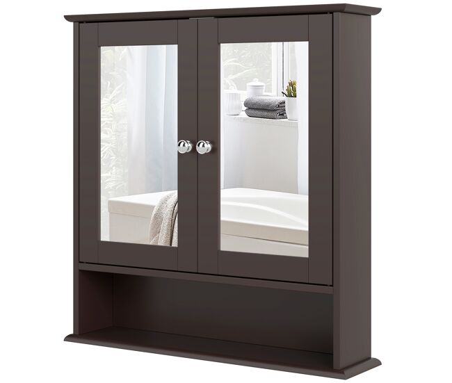 Armario de baño con espejo armario de pared con 2 puertas estante abierto estante ajustable 56x13x58cm marrón oscuro