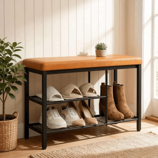 Bancada de arrumação de 80 cm - Sapateira com assento, compacta e multifuncional - Preto e castanho Bancada de arrumação de 80 cm - Sapateira com assento, compacta e multifuncional - Preto e castanho