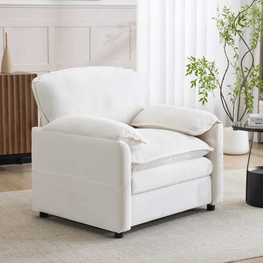 Sofá relax de 1 lugar - Estilo retro com bolsos laterais para arrumação, design compacto - Branco Sofá relax de 1 lugar - Estilo retro com bolsos laterais para arrumação, design compacto - Branco