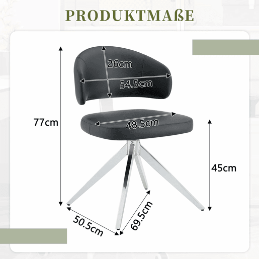 Cadeira de jantar 54,5 x 50,5 x 77 cm - giratória a 360°, estofada, estrutura metálica, estilo moderno - Preto Cadeira de jantar 54,5 x 50,5 x 77 cm - giratória a 360°, estofada, estrutura metálica, estilo moderno - Preto
