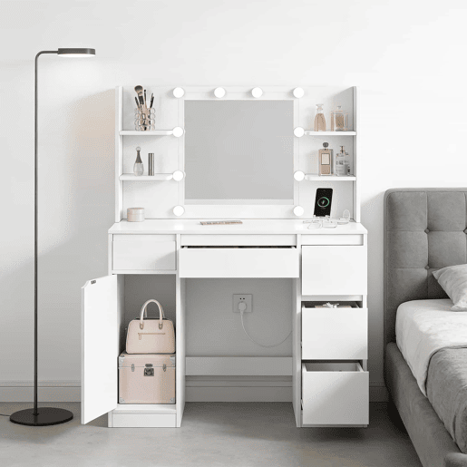 Penteadeira 110 x 40 cm - Secretária de maquilhagem moderna com amplo espaço de arrumação - Branco Penteadeira 110 x 40 cm - Secretária de maquilhagem moderna com amplo espaço de arrumação - Branco