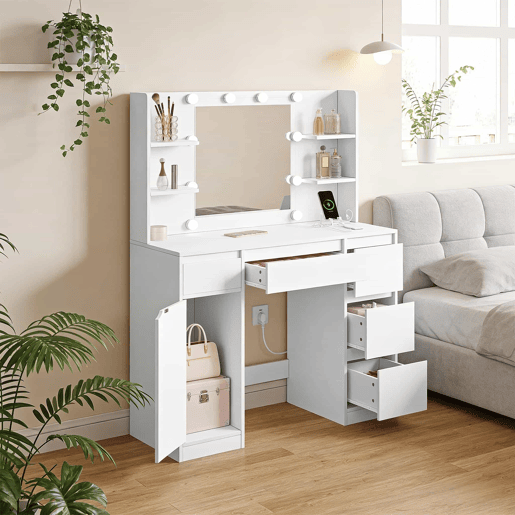 Penteadeira 110 x 40 cm - Secretária de maquilhagem moderna com amplo espaço de arrumação - Branco Penteadeira 110 x 40 cm - Secretária de maquilhagem moderna com amplo espaço de arrumação - Branco