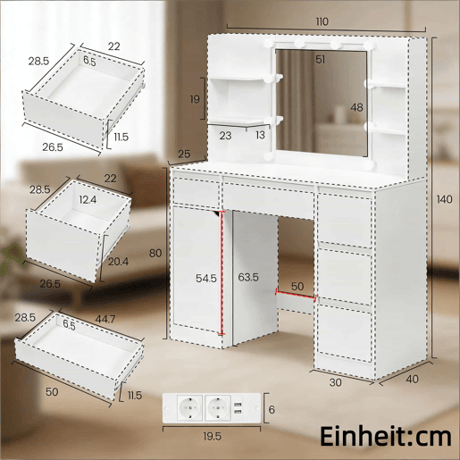 Penteadeira 110 x 40 cm - Secretária de maquilhagem moderna com amplo espaço de arrumação - Branco Penteadeira 110 x 40 cm - Secretária de maquilhagem moderna com amplo espaço de arrumação - Branco