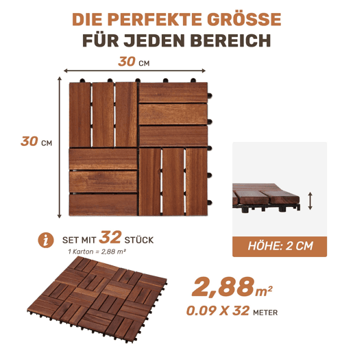 Ladrilhos de deck para exterior 30x30 cm (32 peças) u2013 madeira de acácia com padrão entrelaçado, pavimento resistente para pátio, varanda e piscina u2013 castanho